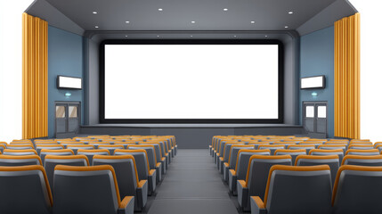 Fototapeta premium Spacious Movie Theater Featuring Large Screens and Plush Seating with Golden Curtains