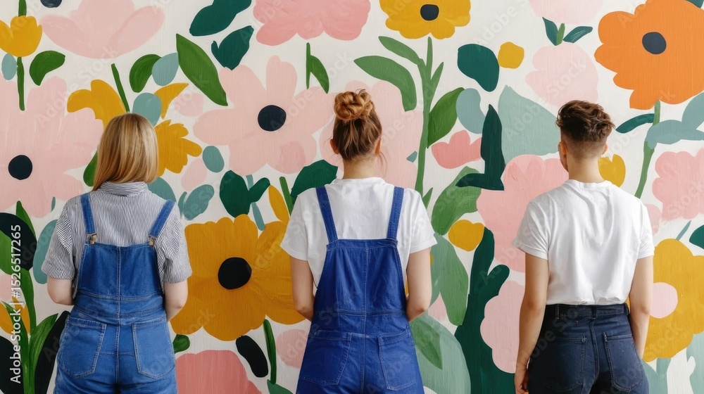 Poster creative teamwork atmosphere with collaborating on a vibrant colorful mural painting in a modern stu