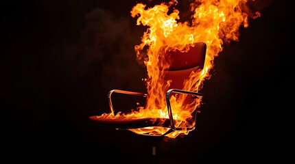 Ai generated image of crimson flames engulf a modern office chair in a dramatic, dark setting