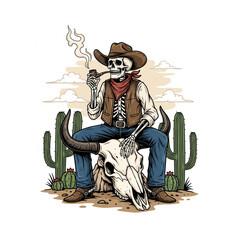 Cartoonish Detailed Skeleton Cowboy Smoking Pipe on Bull Skull Illustration
