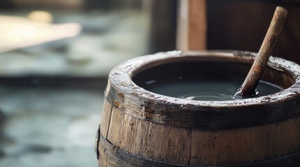 Naklejka premium A wooden barrel filled with water and a wooden spoon in it.