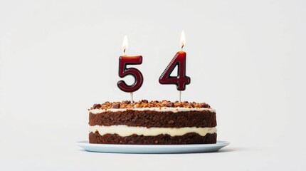 A twolayer cake with 54 candles on a white plate against a white backdrop
