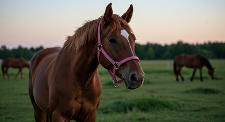 Chestnut horse with a pink halter stands in a green field with other horses under a dusky sky