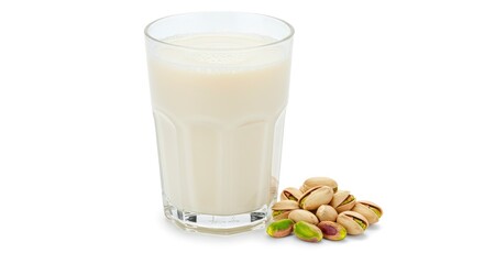 Glass of pistachio milk with pistachios in front