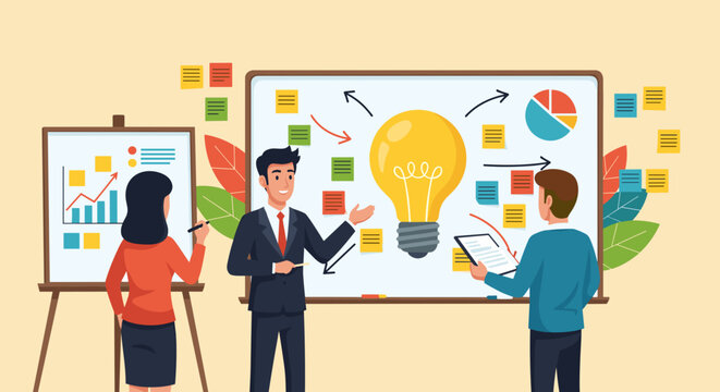 Business Workshop Concept. Vector cartoon illustration of a group of diverse people sitting at a table with a manager standing in front of them next to a board with stickers. Isolated on background
