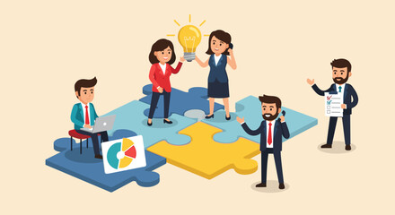 Obraz premium Business Teamwork concept. Contemporary flat style abstract vector illustration of a group of diverse people discussing with a completed puzzle in the background. 