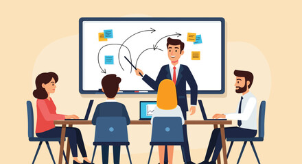 Fototapeta premium Business Workshop Concept. Vector cartoon illustration of a group of diverse people sitting at a table with a manager standing in front of them next to a board with stickers. Isolated on background