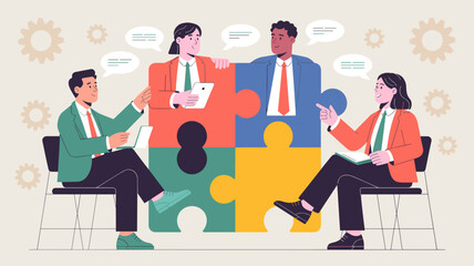 Business Teamwork Concept. Vector illustration in flat style of puzzle pieces with different people in business suits in each - talking to each other. Isolated on background. 