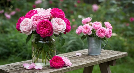 Roses in two containers are arranged on a wooden bench against a lush green background