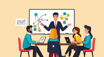 Business Workshop Concept. Vector cartoon illustration of a group of diverse people sitting at a table with a manager standing in front of them next to a board with stickers. Isolated on background