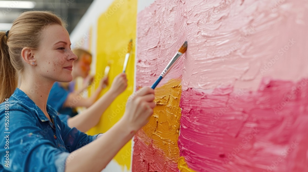 Poster group of working collaboratively on a large colorful canvas painting in a creative studio environmen
