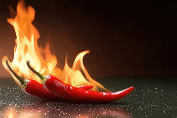 Plexiglas schilderij Hete pepers Spicy red chili pepper with fire background, hot and intense flavor, fresh vegetable on dark surface  © visoot