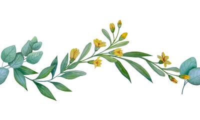 Watercolor collection of hand drawn eucalyptus leaves and yellow wildflowers. Botanical clipart elements isolated on white background. Set of objects for decor, design, poster, banner, wedding, logo