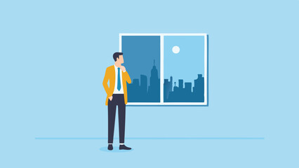 Businessman in suit contemplating the cityscape visionary leader modern office career aspirations inspiration