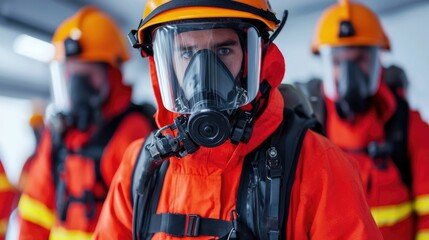 A team of firefighters wearing full protective gear and equipment training together to demonstrate their teamwork and emergency response capabilities on the training ground