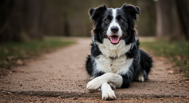 A Border Collie dog is lying down on a dirt path in a forest
