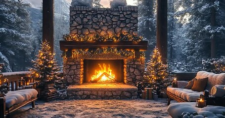 Winter scene of a cozy fireplace with trees and garlands of lights, snow falling - Powered by Adobe