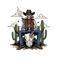 Cartoonish Detailed Skeleton Cowboy Smoking Pipe on Bull Skull Illustration