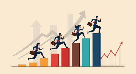 Business Success Concept. Vector cartoon illustration of a group of diverse people in business suits running up a rising graph. Isolated on background
