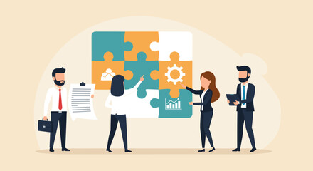 Business Teamwork concept. Contemporary flat style abstract vector illustration of diverse people putting together puzzle details. Isolated on background.