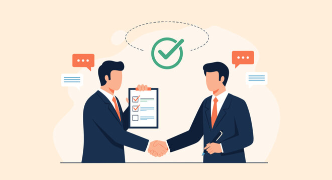 Business Job Interview concept. Vector cartoon illustration of a man in a suit and a woman at a desk shaking hands. Isolated on background.