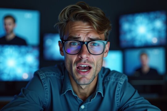 Frustrated Face of a Person on Glitchy Video Call with Frozen Screens