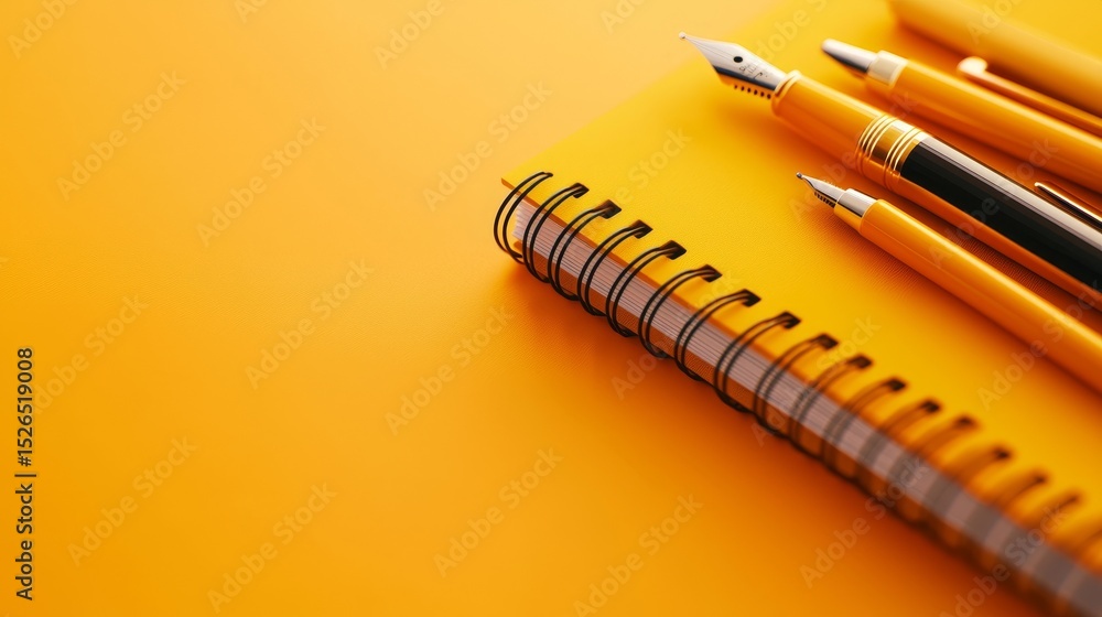 Poster a vibrant yellow background features a spiral notebook alongside multiple pens, creating a cheerful 