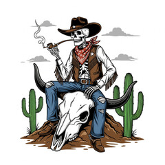 Cartoonish Detailed Skeleton Cowboy Smoking Pipe on Bull Skull Illustration