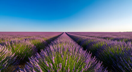 Obraz premium Field of lavender in full bloom, purple rows stretching into the horizon under a clear summer sky