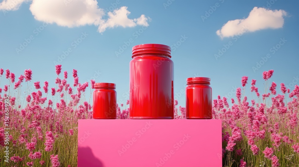 Poster artistic setup of glossy red jars centered on a pink field