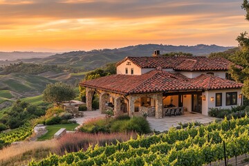 Picturesque rural estate with classic tiled roof and panoramic scenery, blending traditional Mediterranean architecture with peaceful nature at sunset