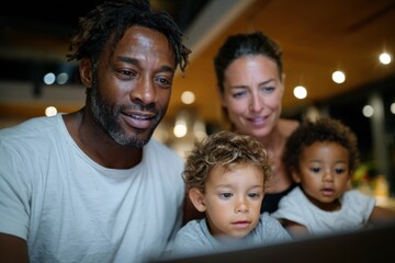 A loving family of four, representing diversity, shares a joyful experience as they interact with a laptop in a cozy home setting, depicting modern family dynamics.