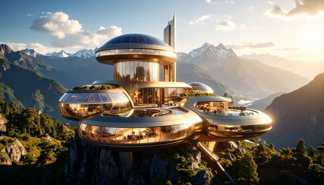 A gleaming futuristic golden city nestled high in the serene mountains, with radiant skyscrapers, smart architecture, and utopian design blending harmoniously into the snowy alpine landscape