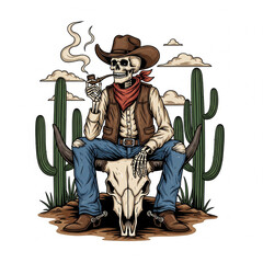 Cartoonish Detailed Skeleton Cowboy Smoking Pipe on Bull Skull Illustration
