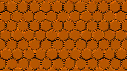 abstract hi-tech hexagonal shapes with glowing metal mesh futuristic background, Orange  hex shapes hi-tech background