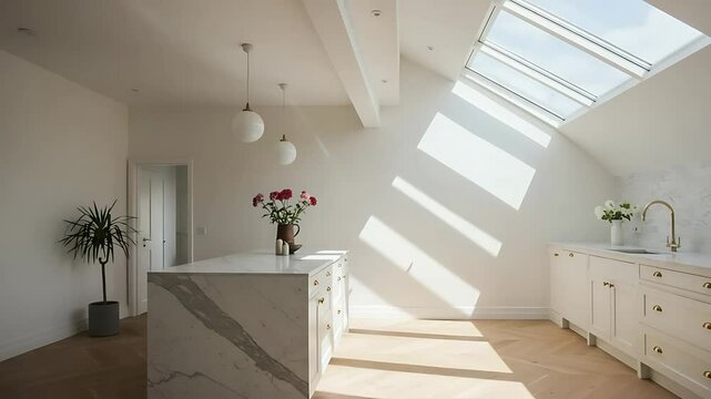 Modern kitchen interior featuring marble island, natural light streaming from skylight, and floral decor