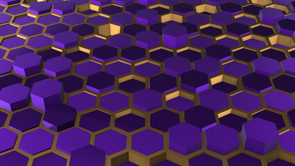 Simple 3d Purple hexagonal geometrical shapes with golden boundary luxury futuristic background