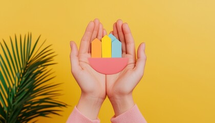 A pair of hands holds a colorful abstract design against a vibrant yellow backdrop, complemented by a green plant in the background.