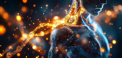 A glowing, abstract representation of a human figure, illustrating energy and connection through vibrant particles and light.