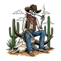 Cartoonish Detailed Skeleton Cowboy Smoking Pipe on Bull Skull Illustration