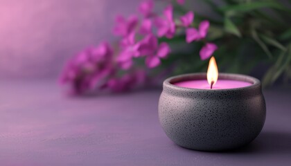 A tranquil candle burns softly beside vibrant purple flowers, creating a serene atmosphere perfect for relaxation.