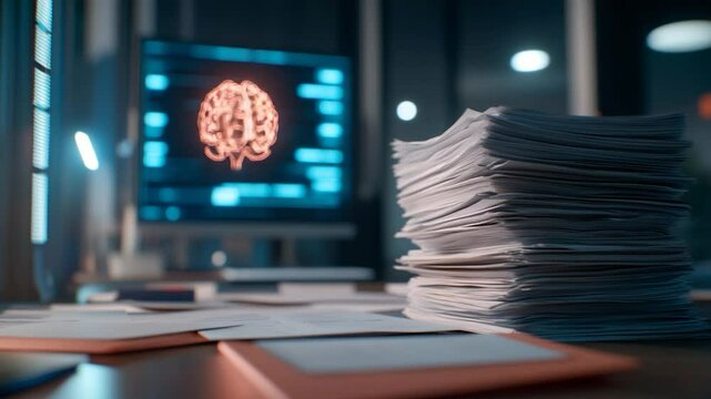 Paperwork pile with brain graphic on monitor for business or education concepts