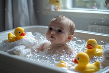 Adorable baby enjoying bubble bath in small tub, surrounded by yellow rubber ducks. Perfect for parenting blogs, baby care promotions and lifestyle content