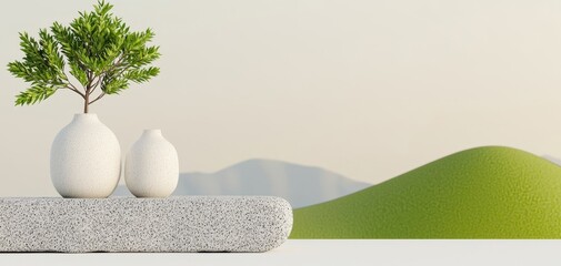 A minimalist arrangement featuring two white vases and a small tree, set against a serene landscape of rolling green hills.