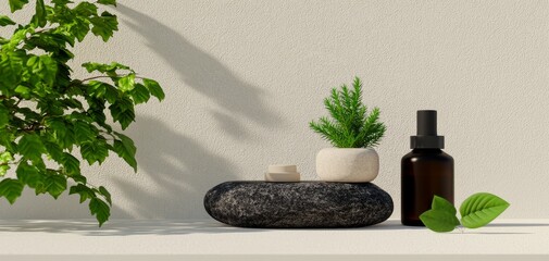A serene arrangement featuring a potted plant, essential oil bottle, and smooth stones, evoking tranquility and natural beauty.