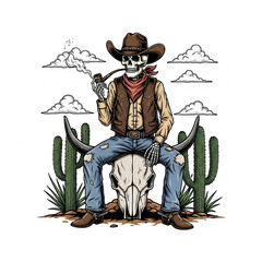 Cartoonish Detailed Skeleton Cowboy Smoking Pipe on Bull Skull Illustration