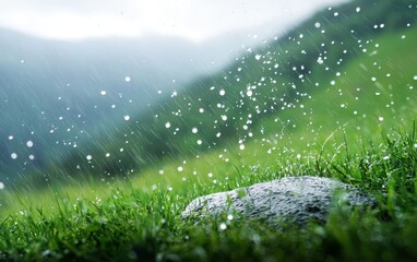 A serene landscape featuring a grassy field with a rock, illuminated by soft rain droplets against a blurred green background.