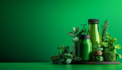 A collection of green beverages and herbs displayed on a vibrant green background, highlighting freshness and natural ingredients.