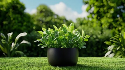A vibrant green plant in a black pot sits on lush grass, surrounded by greenery, under a bright blue sky.