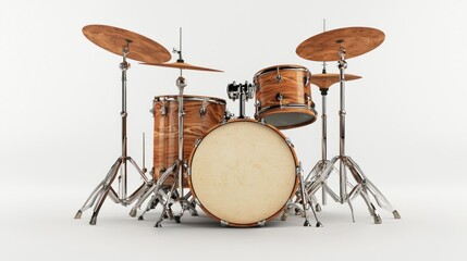 A wooden drum set with cymbals and bass drum, placed on a white background.